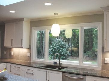 Large Window Over Sink - Contemporary - Kitchen - raleigh - by Anne Paul Large Kitchen Window Over Sink, Window Above Sink, Large Kitchen Window, Kitchen Sink Remodel, Window Over Sink, Sink Window, Kitchen Window Blinds, Kitchen Window Design, Kitchen Sink Window