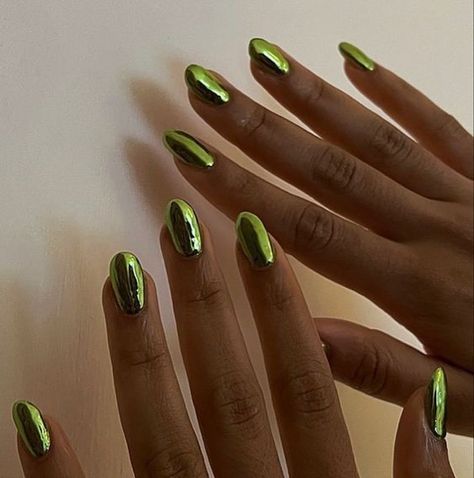 Metallic Color Nails, Every Other Nail Color, Backwards French Nails, Light Green Metallic Nails, Beetle Green Nails, Metalic Nails Short, Metalic Green Nail, Green Mettalic Nails, Summer Metallic Nails