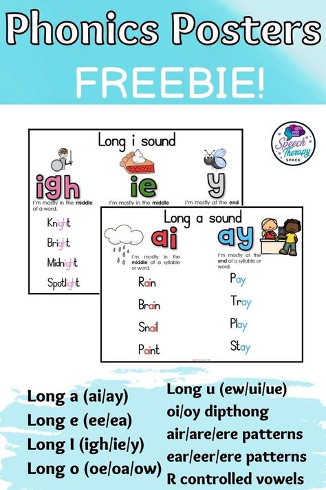 FREE Posters include the following vowel patterns: Long a (ai/ay) Long e (ee/ea) Long I (igh/ie/y) Long o (oe/oa/ow) Long u (ew/ui/ue) oi/oy dipthong air/are/ere patterns ear/eer/ere patterns R controlled vowels (er/ur/ir) #speechtherapyspace #teacherspayteachers #tpt #phonics #phonicsposters #FREEBIE Vowel Patterns, Oi Oy, Vowel Digraphs, Phonics Posters, Long E, Free Poster, Long I, Speech Therapy, Phonics