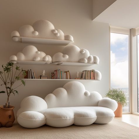 Introducing the Nimbus Shelf, a cloud-inspired storage solution that brings a touch of celestial charm to your home. Crafted to resemble billowing cumulus clouds, this floating shelf offers a whimsical yet functional addition to any room. Elevate your decor with the beauty of the heavens with the Nimbus Shelf. Conceptual AI Art Follow @ecosapiens for more! Cloud Room, Cloud Shelf, Cumulus Clouds, Minimal Shelf, Mushroom House, Family Project, Floating Shelf, Cloud Storage, The Heavens