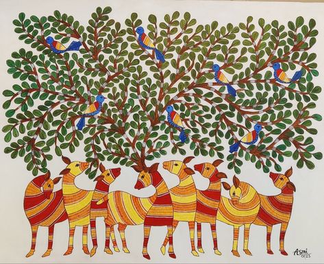 Madhubani Paintings Traditional, Gonda Art, Painting Horizontal, Gond Art, Handmade Paper Art, Art Deco Cards, Ancient Indian Art, Gond Painting, Madhubani Paintings