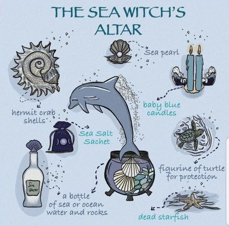 Witch Altar Ideas, Sea Witch Altar, Witch Altar, Altar Ideas, Water Witch, Witch Spirituality, Magic Spell Book, Witches Altar, Eclectic Witch