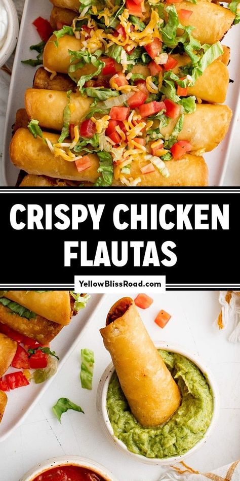 Crispy Chicken Flautas are flour tortillas rolled with flavorful chicken and fried until golden and crispy. Serve as an appetizer or meal. Flour Tortilla Flauta, Fried Flautas Recipe, Fried Chicken Tacos Flour Tortillas, Flautas Recipe Chicken, Chicken Flautas Recipe, Rolled Chicken Tacos, Flautas Recipe, Chicken Flautas, Latin Dishes