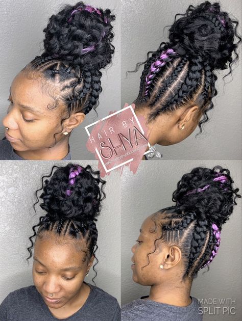 Feed in braids with messy curly bun Feed In Bun, Braided Ponytail Weave, Braid Bun Updo, Ponytail Weave, Messy Bun Updo, Messy Curly Bun, Feed In Braids, Messy Bun With Braid, Braid Videos