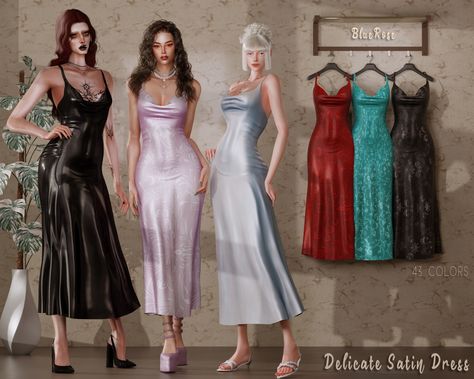 Delicate Satin Long Dress, 43 colors, sims4 By Bluerose 3D Fashion TS4CC Satin Long Dress, Sims 4 Download, Sims 4 Expansions, Strawberry Dress, Sims 4 Dresses, The Sims 4 Download, Sims Four, Satin Dress Long, 3d Fashion