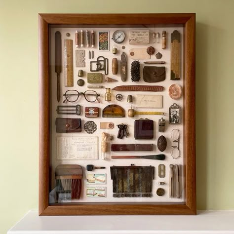 Wooden Window Trim, Framed Objects, Window Trim Ideas, Old Luggage, Wooden Needle, Brass Crown, Trim Ideas, Memory Boxes, Seed Pod