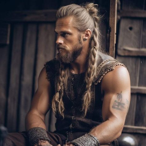 Viking Hairstyles Men Medium Hair, Viking Looking Men, Nordic Hairstyle Men, Men’s Viking Hair, Men Viking Hair, Skyrim Hairstyles, Male Viking Hair, Viking Outfit Male, Norse Hairstyles