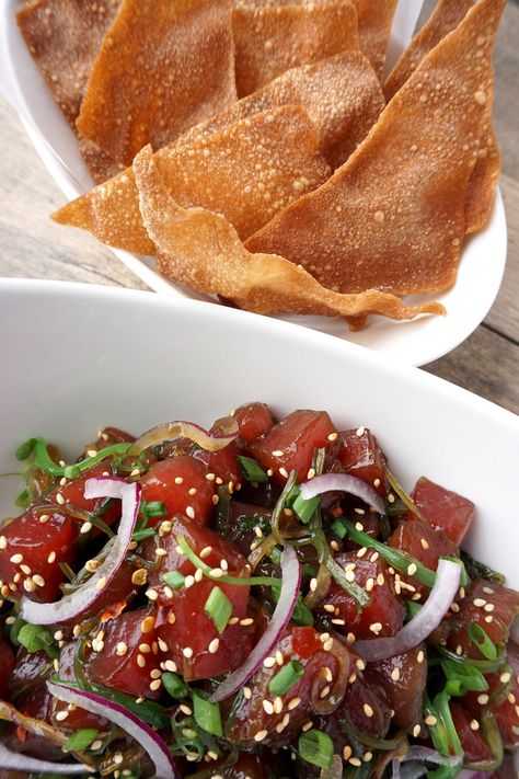 Ahi Poke & Wonton Crisps — Broke and Cooking Poke Seasoning, Ahi Tuna Appetizer, Tuna Shasimi, Spicy Ahi Tuna, Ahi Tuna Poke Appetizers, Ahi Poke Nachos, Spicy Ahi Tuna Poke Bowl, Spicy Ahi Poke Foodland, Won Ton