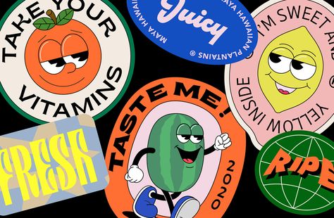 Mises En Page Design Graphique, Fruit Stickers, Fruit Labels, Sticker Design Inspiration, Sticker Inspo, Stickers Design, Badge Design, Design Graphique, Graphic Design Posters