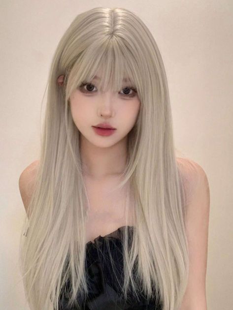 Blonde Hair Front View, White Hair Wigs For Women, Long White Hair Aesthetic, White Hair Bangs, Korean Hairstyle Long, Bleached Blonde Hair, Wigs Design, Blonde Hair Wigs, Blonde Hair Wig