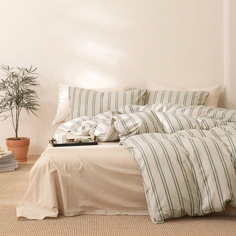 PRICES MAY VARY. 100% Washed Cotton 【Material】Duvet cover made from washed cotton with high density weave,natural,breathable,fast sweat absorption,fade-resistant,definitely working for all gentle skins. 【Natural Design】Blackish greenvertical stripes pattern print on beige khaki duvet cover,colors available tend to be neutral and can easily bring a relaxed, lived-in look to any room's decoration especially the vintage style. 【Size & Package】3 Pieces duvet covet set; 𝐐𝐮𝐞𝐞𝐧: 1 Duvet Cover (90" Black And White Striped Comforter, Striped Comforter Bedroom, Mismatch Bedding, Bedding Sets Aesthetic, Gray Striped Bedding, Boys Duvet Cover, Striped Duvet Cover, Beige Duvet Covers, Bedding Sets Grey