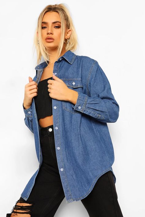 Oversized Denim Shirt | boohoo Denim Shirt Outfit, Oversized Denim Shirt, Womens Denim Shirt, Denim Crop Top, Double Denim, Denim Trends, Denim Button Down, Oversized Shirt, Denim Top