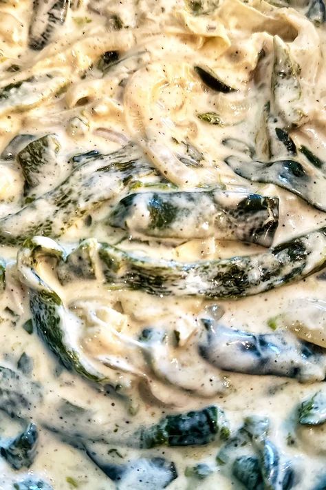 Rajas con Crema (Roasted Poblano Peppers in Cream Sauce) Poblano Pepper Cream Sauce, Roasted Poblano Cream Sauce, Roasted Poblano Pepper Recipes, Pablano Pepper Recipe, Poblano Pepper Recipes, Poblano Cream Sauce, Poblano Peppers Recipes, Sheet Pan Meals Chicken, Roasted Poblano Peppers