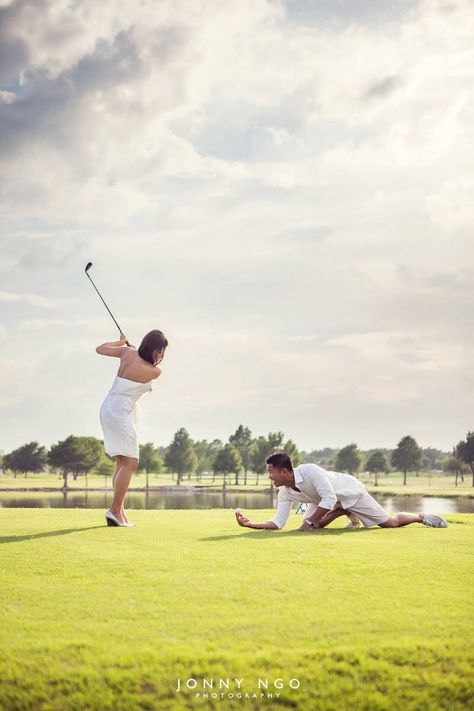 Engagement photo on golf course Golf Course Pre Wedding, Golf Course Prom Pictures, Golf Course Couple Photoshoot, Golf Couple Photoshoot, Golf Engagement Session, Golf Prewedding, Golf Engagement Photos, Golf Shoot, Golf Photoshoot