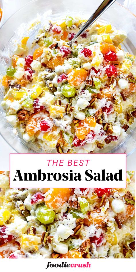 This Classic Ambrosia Salad recipe is a potluck favorite!  A mixture of juicy mandarin oranges, pineapple tidbits, and mini marshmallows is bathed in a creamy and tangy dressing.  Topped with shredded coconut and pecans, it's a refreshing and flavorful side dish perfect for any occasion. Coconut Fruit Salad, Fruit Salad With Coconut Flakes, Ambrosia Fruit Salad Recipe, Healthy Ambrosia Fruit Salad, Classic Ambrosia Salad, Ambrosia Salad With Cream Cheese, Southern Ambrosia Salad, Ambrosia Salad Classic, Ambrosia Salad Recipe