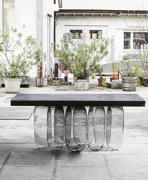 The Inverted Gravity Collection Defies Physics Mathieu Lehanneur, Glass Dining Table Set, Modern Tables, Loose Furniture, Furniture Table, Dining Table Design, Glass Dining Table, Furniture Dining Table, Design Milk