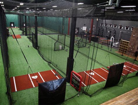 Indoor Batting Cage, Sports Training Facility, Indoor Soccer Field, Indoor Sports Court, Baseball Workouts, Batting Cage, Baseball Hitting, Softball Training, Gym Setup