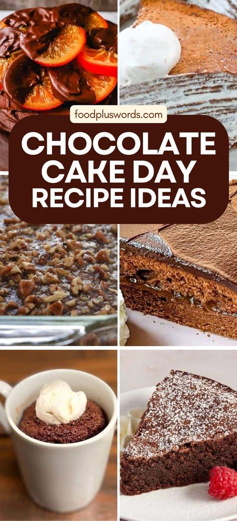 National Chocolate Cake Day is the perfect occasion to enjoy some amazing and easy homemade creations! This collection includes a variety of chocolate cake recipes, from fluffy and moist classics to eggless and flourless options. Whether you're looking for quick microwave recipes, cakes made from scratch, or simple designs for birthdays and Valentine’s Day, there’s something for everyone. Celebrate this sweet day with the best chocolate cake ideas that are sure to impress! Banana Cake Vegan, Cakes Made From Scratch, National Chocolate Cake Day, Chocolate Cake Ideas, Chocolate Banana Cake, The Best Chocolate Cake, Orange Chocolate Cake, Easy Dessert Ideas, Chocolate Strawberry Cake