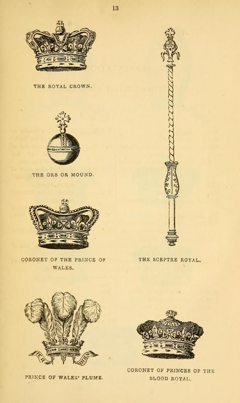 Royal Crown, Orb, Mound, Coronet, Prince of Wales, Sceptre Royal, Plume, Princes of the Blood Royal. Hand drawn pen. 1866. Orb And Sceptre, Royal Scepter Aesthetic, Sceptre Royal, Scepter Royal, Orb Drawing, Crown Orb, Orb Tattoo, Scepter Tattoo, Tatoo Crown