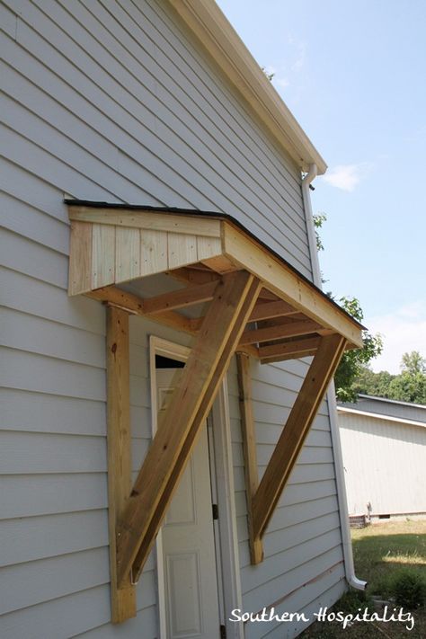 This little roof will provide weather protection and add style to this exterior door. (by Rhoda at Southern Hospitality) Outside Door Covering Ideas, Door Overhang, House Awnings, Side Entrance, Canopy Bedroom, Porch Roof, Door Canopy, Door Awnings, Roofing Diy