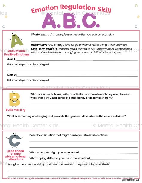 Accumulating positive emotions means seeking out positive emotions in one’s life through positive experiences. Building mastery involves engaging in activities that boost feelings of competence, whereas coping ahead means anticipating distressing situations and rehearsing plans to cope skillfully. These concepts are part of the emotion regulation skill called ABC in Dialectical Behavior Therapy (DBT). The ABC DBT Skills Worksheet includes a set of questions and prompts for each ABC skill. For “Accumulating positive emotions,” clients will be asked to write down short-term and long-term goals they can work on, and steps to achieve these goals. “Building mastery” encourages individuals to write down a hobby or a challenging skill they can master for the week, “Coping ahead” prompts clients t Cope Ahead Plan, Abc Please Dbt Skill, Dbt Worksheet Activities, Dbt Skills Activities, Dbt Skills Worksheets Free Printable, Coping Skills Worksheet, 2024 Growth, Dbt Skills Worksheets, Dbt Activities