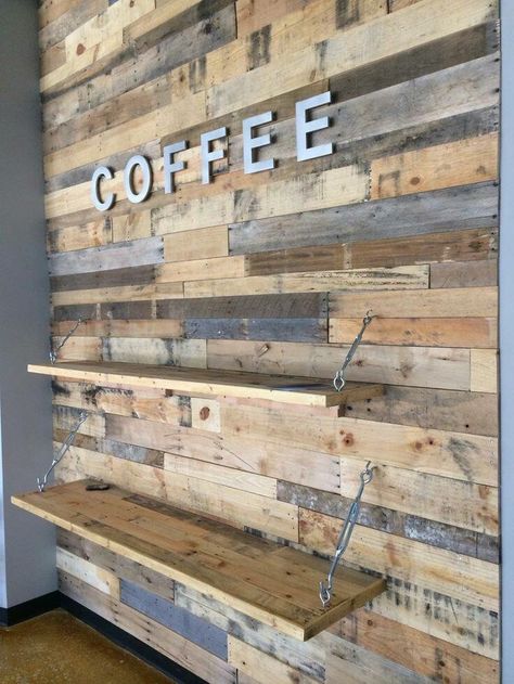 Pallet Accent Wall, Diy Pallet Wall, Pallet Furniture Designs, Pallet Walls, Wood Accent Wall, Plank Walls, Pallet Decor, Diy Kitchen Decor, Pallet Wall