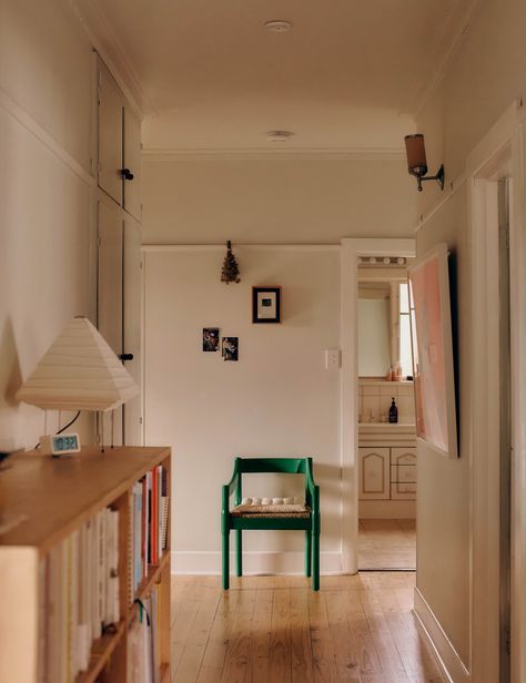 Hallway Gallery, Modern Folk, Modern Folk Interior Design, Long Entry Hallway Ideas, Entry Hallway Ideas, End Of Hallway, Narrow Hallway Ideas, Mid Century Bungalow, Hygge Home