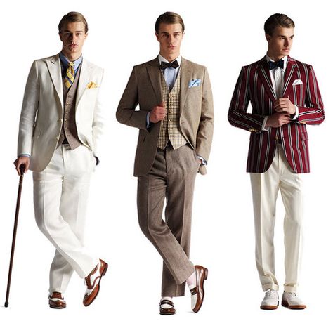 Two toned brogues, high peak waistcoats, high pant waistlines, exposed socks, ties and pocket squares Gatsby Tuxedo, 1920s Mens Fashion Roaring 20s, Gatsby Attire, 1920s Suit, Flirting Pictures, 1920s Suits, Gatsby Outfit, Suits And Ties, Roaring 20s Fashion