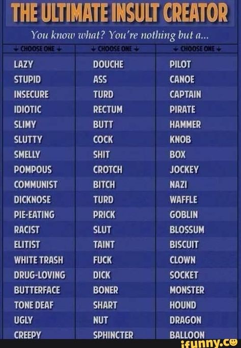 Insulting Names, Insult Generator, Funny Nicknames, Cuss Words, Funny Names, Name Calling, Name Generator, Bones Funny, New Memes