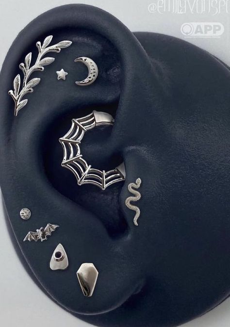 Goth Earring Stack, Gauges With Second Piercing, Uncommon Piercings, Alt Piercings, Unique Piercings, Orbital Piercing, Piercing Inspo, Cool Ear Piercings, Pretty Ear Piercings