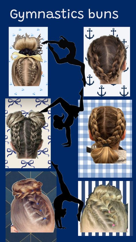 It’s not my best work but I hope you guys get inspiration from this collage of gymnastics hair suggestions Gymnasts Hairstyles, Hair Styles For Gymnastics Meets, Easy Gymnastics Hairstyles For Meets, Hairstyles For Gymnastics Practice, Gymnastics Hair Styles, Easy Gymnastics Hairstyles, Gymnastics Competition Hair, Gymnast Hair, Gymnastics Meet Hair