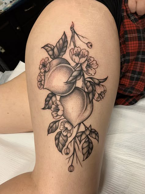 Peach branch tattoo done by Arron Murray at amulet tattoos in St. Petersburg Florida Peach Branch Tattoo, Peach Tree Tattoo, Peaches Tattoo, Orange Blossom Tattoo, Blackwork Flowers, Scientific Tattoo, Peach Branch, Peach Tattoo, State Tattoos