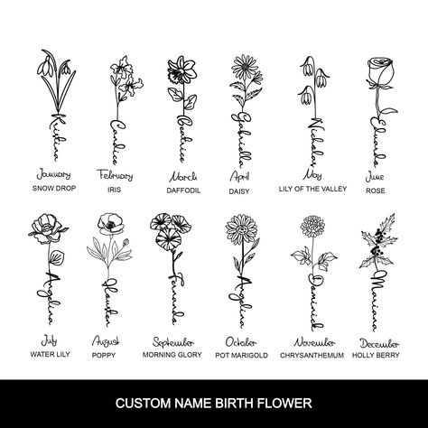 Birth Month Flowers Tattoo, Birth Flower and Name Svg, Birth Month Tattoo Design, Family Tattoo It is a digital product.  Files will be sent to you in 24-48 hours once payment is confirmed. HOW TO ORDER? Add in the personalization box - Name - Birth Month - If you have a special request you want to add, you can add it to the box. Customer satisfaction: No refunds on digital downloads. But if you are not satisfied with the product, we can make changes on the design according to your wishes.  Feel Aquarius Flower Tattoo Birth Month, Birth Flower Tattoo On Forearm, June Flower Tattoo With Name, January Birth Flower Tattoo With Name, Sagittarius Flower Tattoo Birth Month, Birth Symbol Tattoo, Flower Tattoo Name Stem, January Tattoo Ideas Birth Month, October Tattoo Ideas Birth Month