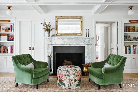 Fireplace Sitting Area, Green Velvet Chair, Fireplace Seating, Classic White Kitchen, Diy Outdoor Kitchen, Luxe Interiors, Living Room Green, Velvet Chair, Simple Bedroom