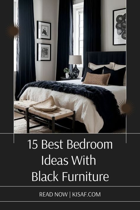 15 Bedroom Ideas With Black Furniture You Shouldn't Miss Black Headboard Bedroom Nightstands, Black Bed Frames Bedroom, Coastal Bedroom Black Furniture, Black Bed Neutral Bedroom, Black Headboard Decor, Black Furniture Bedroom Decor, Bedrooms With Black Beds, Black Bed Inspiration, Cream Black Bedroom