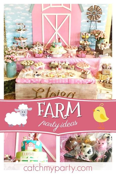 Check out this adorable farm themed birthday party! Love the farm animal cake pops!! See more party ideas and share yours at CatchMyParty.com  #catchmyparty #partyideas #farmbirthdayparty #girlbirthdayparty Pink Farm Party, Animal Party Ideas, Girls Farm Birthday, Farm Party Ideas, Chicken Party, Farm Animals Birthday, Cow Birthday Parties, 2nd Birthday Party For Girl, Barnyard Birthday Party