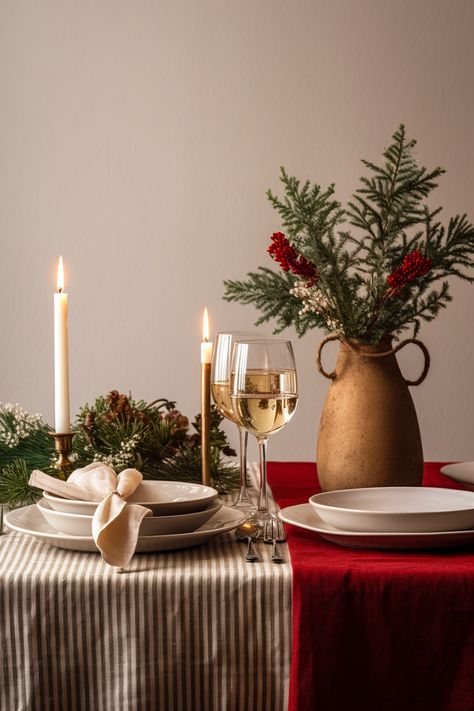 Get ready to impress your guests this holiday season with these stunning linen table settings. The elegant and festive designs will add a touch of luxury to your Christmas dinner. The high-quality linen material ensures durability and adds a sophisticated feel to your table. Whether you prefer traditional red and green or a more modern silver and white color scheme, there's a linen table setting to suit your style. Complete the look with coordinating napkins, placemats, and table runners. Christmas Dinner Party Table Settings, Linen Christmas Decorations, Traditional Christmas Table Settings, Holiday Dinner Party Decor, Red And White Christmas Table Decor, Christmas Table Round, Red Christmas Table Decor, Modern Christmas Table Settings, Christmas Table Red