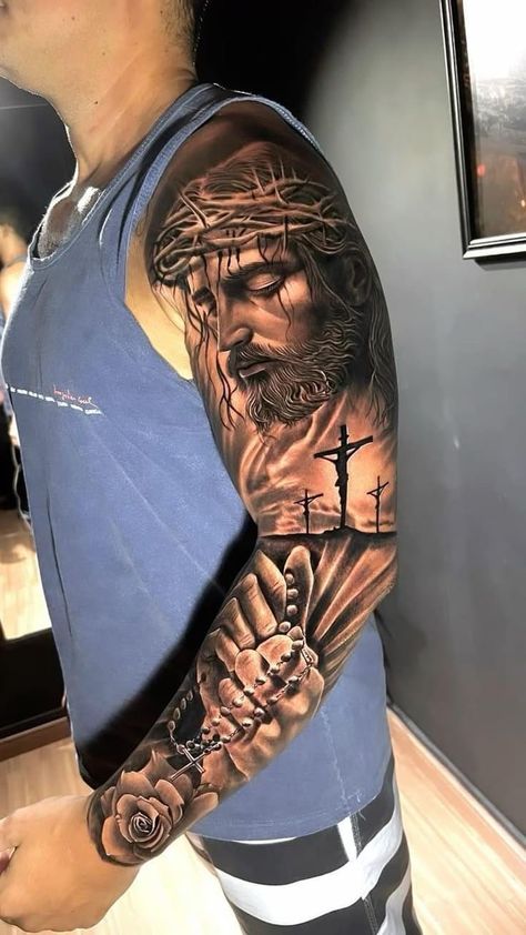 Religious Tattoos Men, Jesus Tattoo Men, Religious Sleeve Tattoos, Jesus Sleeve Tattoo, Tattoo Jesus Cristo, Jesus Forearm Tattoo, Jesus Tattoo Ideas, Jesus Tattoo Sleeve, Religous Tattoo