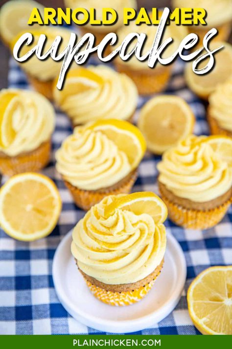 Arnold Palmer Cupcakes (Sweet Tea and Lemonade) - Plain Chicken Sweet Tea And Lemonade, Lemon Cupcake Recipe, Buttercream Frosting For Cupcakes, Lemon Cheesecake Recipes, No Bake Lemon Cheesecake, Butter Tea, Lemonade Cupcakes, Lemon Pound Cake Recipe, Sour Cream Pound Cake