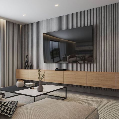 Gray Wood Paneling Wall, Morden Room Designs, Gray Wood Living Room Ideas, Slat Wall Panel Ideas, Gray Paneling Walls, Tv Wood Panel, Grey Panelling Living Room, Gray And Wood Living Room, Grey And Wood Living Room Ideas