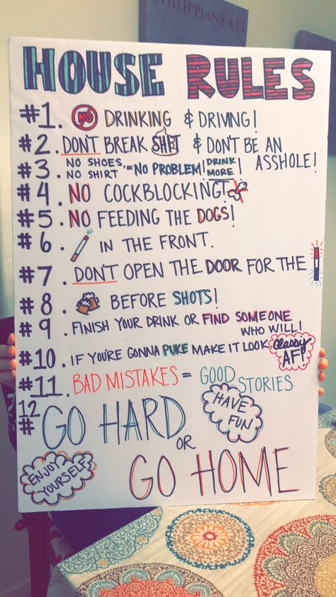 House Party Rules Poster, Party Rules Sign, Halloween House Party Activities, 18th Birthday Party Ideas Airbnb, Party Rules Poster Drinking, How To Throw The Best Party, Drinking Room Ideas, 18th Birthday Party Ideas At Home Outside, House Party Activities For Adults