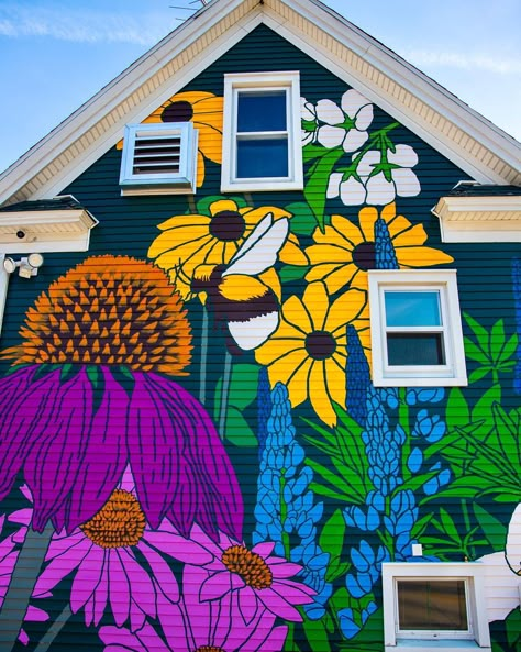 Murals of Grand Rapids | Artist: @rosecolor.co Location: @new.city.neighbors 1115 Leonard St NE, Grand Rapids, MI 49503 Artist Mariah Rose Scott created this… | Instagram Painted Wall Murals Inspiration, Mural On Metal Building, Mural On House Exterior, Colorful House Exterior, Backyard Murals, Library Windows, Barn Mural, Backyard Mural, Garden Murals