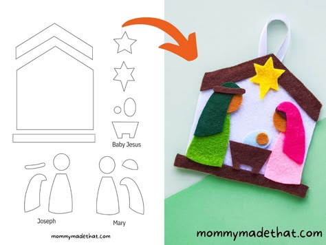 Nativity Applique Pattern Free, Nativity Banner Free Printable, Diy Felt Nativity Free Pattern, Nativity Applique Pattern, Manger Template Free Printable, Felt Nativity Ornaments Pattern, Nativity Scene Preschool Craft, Nativity Felt Pattern, Nativity Ornaments For Kids To Make