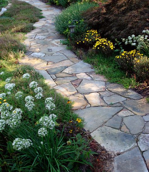 my brother-in-law marc is a master artisan/stone mason.  his work is incredible! Slate Walkway, Flagstone Patio Design, Hardscape Backyard, Lake Landscaping, Flagstone Walkway, Flagstone Path, Landscaping Projects, Side Yard Landscaping, Walkway Landscaping