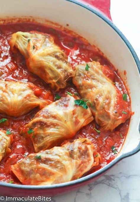 Stuffed Cabbage Rolls - Immaculate Bites Stuffed Cabbage Recipe, Polish Foods, Cabbage Rolls Recipe, Hot Bread, Ina Garten Recipes, Cabbage Recipe, Stuffed Cabbage, Beef And Rice, Cabbage Leaves