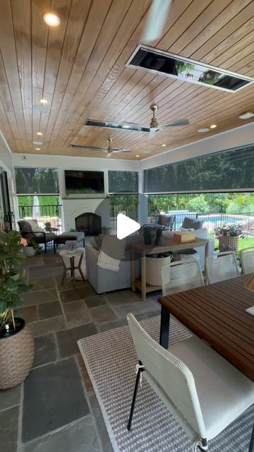 Spruce Construction on Instagram: "This porch got an awesome revamp just in time for summer! Drop-down @phantom_screens, flush @bromic_heating heaters, a fireplace and gorgeous wood ceiling make this the ultimate year-round hang out spot for one of our favorite families (and repeat clients!)🌲

Video by @tayalas 
Architect: @carbonaro.architecture 
Design: @jtwdesignllc 
🔨: @spruce_rva" Outdoor Patio Heater Ideas, Outdoor Back Porch Ideas, Screened Porch Fireplace, Porch Ceiling Ideas, Camper House, Patio Ceiling Ideas, Screened In Back Porch Ideas, Hang Out Spot, Patio Paradise