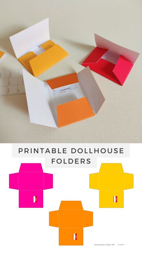 Create your own miniature file folders in 1/6 and 1/12 scale with this printable PDF template. The template also includes printable decorative insert pages and requires no glue, offering a simple method to elevate the look of your dollhouse. Just print, cut, and fold along the marked lines to assemble this miniature model. Choose from six color options to personalize your creation. Paper Printable Crafts, Mini Templates, Printable Paper Toys Templates, Papercraft Templates Printables, Printable Dollhouse, Waterfall Card, Paper Toy Printable, Room Box Miniatures, Paper Dolls Diy