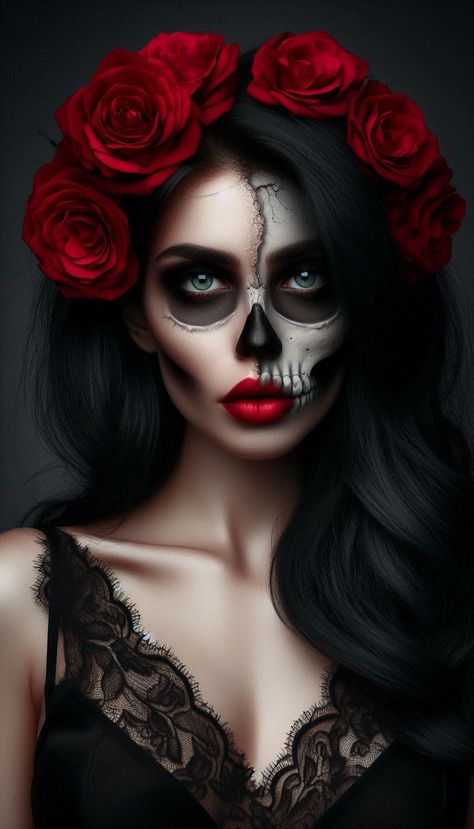 Catrina Makeup Red And Black, Skull Face Paint Women, Simple Catrina Makeup Ideas, Dia De Los Muertos Outfit Ideas, Rock Makeup Rocker Chic, Catarina Makeup, Easy Dia De Los Muertos Makeup Ideas, Halloween Wedding Makeup, Katrina Makeup