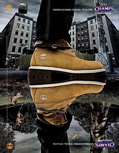 Shoe advertisement for Timberland’s Roll-Tops, featured in the November 2004 issue of SPIN magazine Timberland Roll Top, Spin Magazine, Lifestyle Branding, Rolling Stone, Clothing And Shoes, Hip Hop, Branding, Magazine, Lifestyle