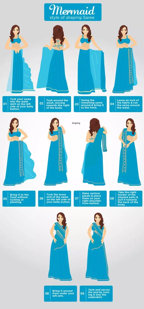 Mermaid style saree draping Wedding Indian Dress For Women, Different Saree Draping Styles, Wedding Indian Dress, How To Wear A Sari, Indian Dress For Women, Bengali Saree, Indian Dresses For Women, Saree Wearing Styles, Saree Wearing